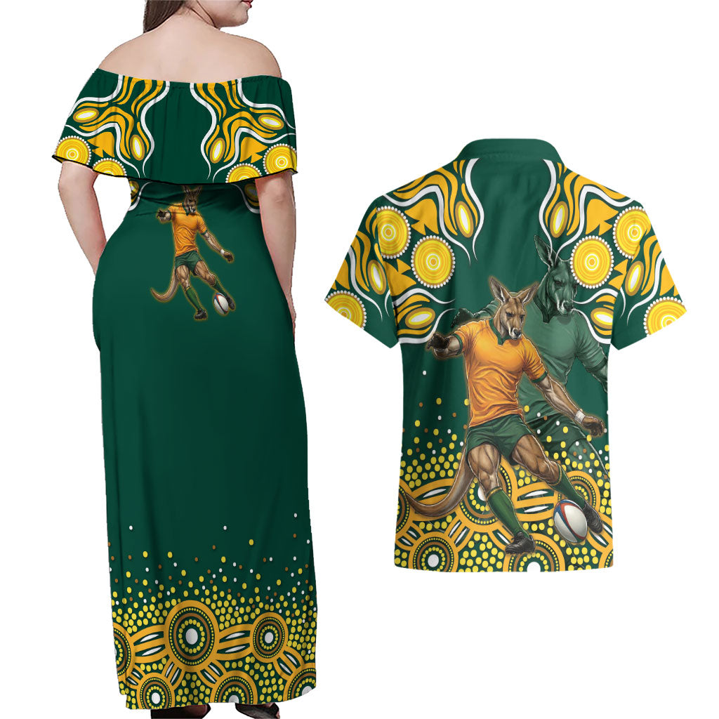 Australia Wallabies Couples Matching Off Shoulder Maxi Dress and Hawaiian Shirt Aboriginal Rugby Kangaroo Mascot - Gold And Green