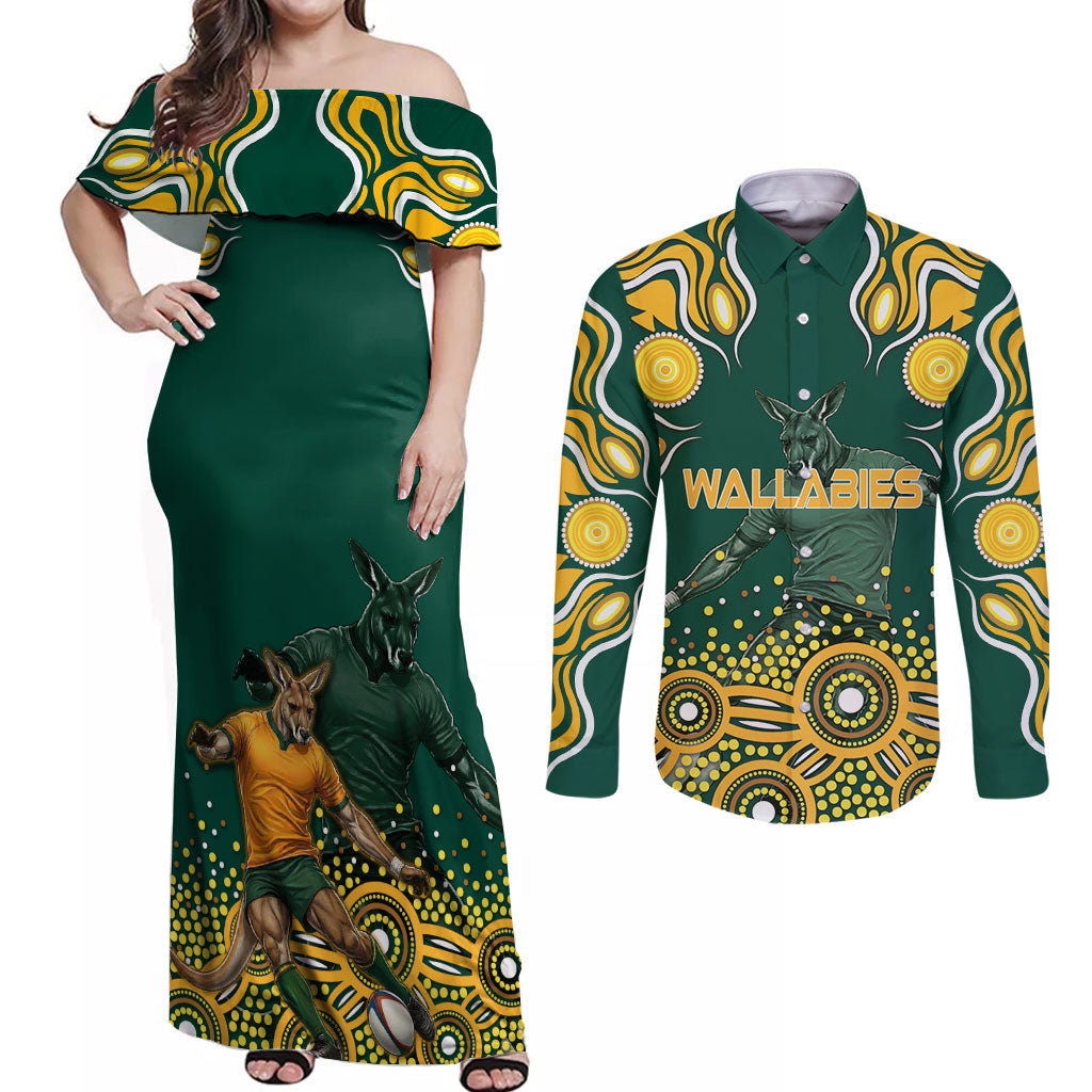 Australia Wallabies Couples Matching Off Shoulder Maxi Dress and Long Sleeve Button Shirt Aboriginal Rugby Kangaroo Mascot - Gold And Green