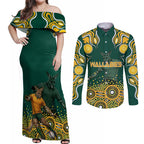 Australia Wallabies Couples Matching Off Shoulder Maxi Dress and Long Sleeve Button Shirt Aboriginal Rugby Kangaroo Mascot - Gold And Green