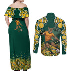 Australia Wallabies Couples Matching Off Shoulder Maxi Dress and Long Sleeve Button Shirt Aboriginal Rugby Kangaroo Mascot - Gold And Green