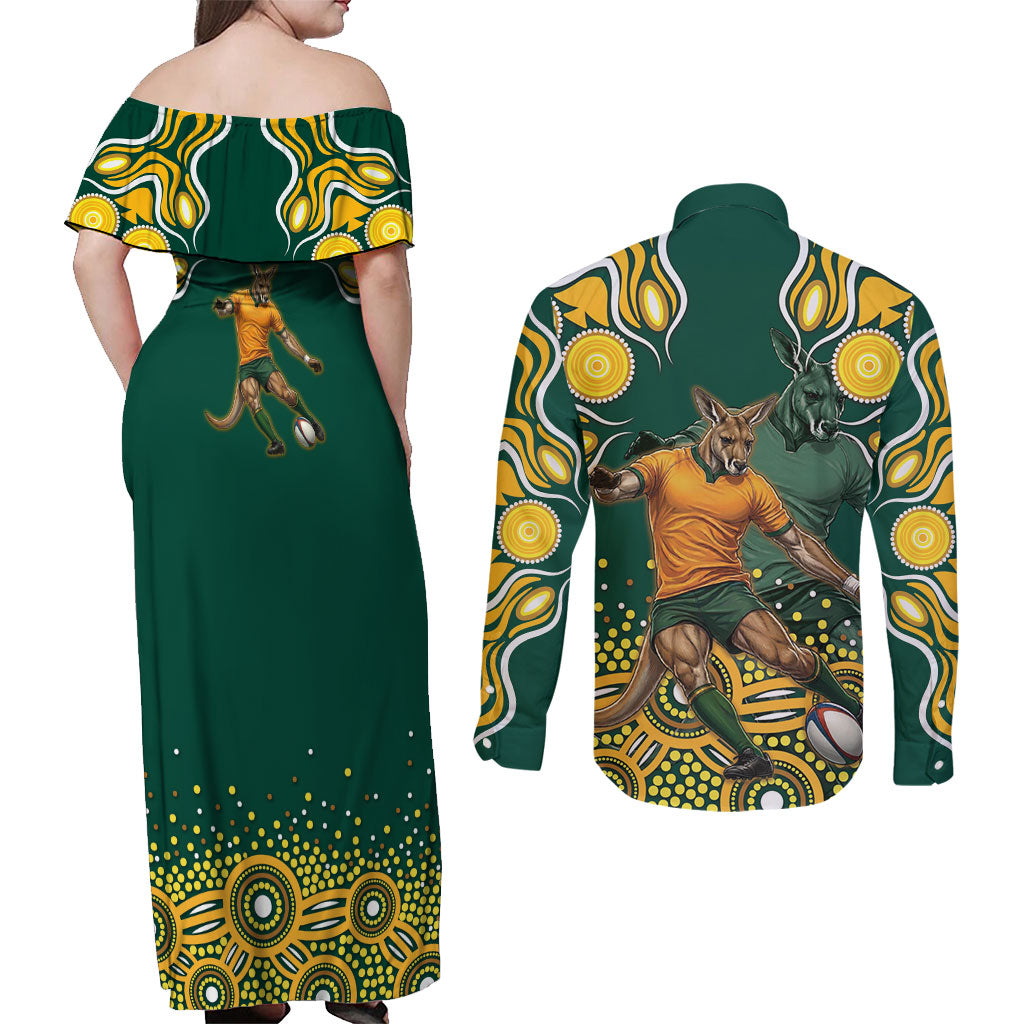 Australia Wallabies Couples Matching Off Shoulder Maxi Dress and Long Sleeve Button Shirt Aboriginal Rugby Kangaroo Mascot - Gold And Green