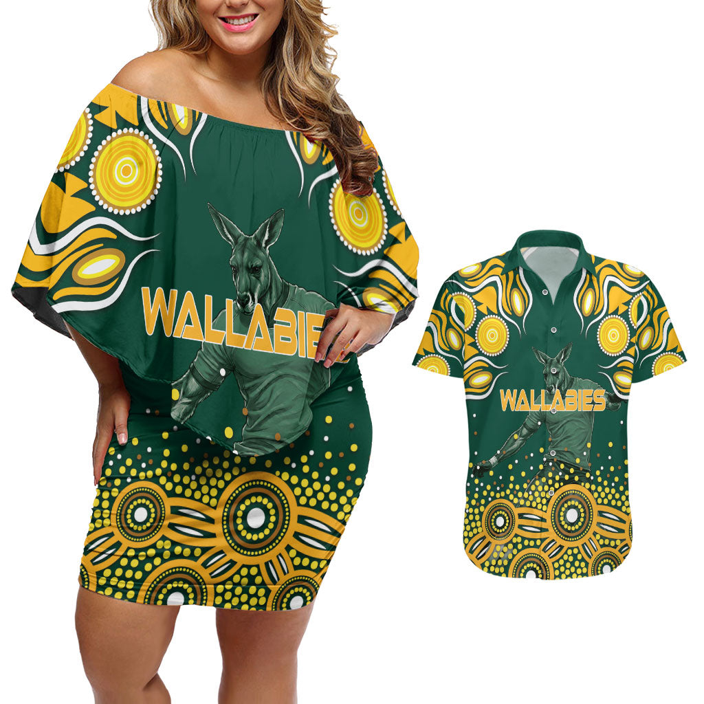 Australia Wallabies Couples Matching Off Shoulder Short Dress and Hawaiian Shirt Aboriginal Rugby Kangaroo Mascot - Gold And Green
