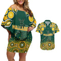 Australia Wallabies Couples Matching Off Shoulder Short Dress and Hawaiian Shirt Aboriginal Rugby Kangaroo Mascot - Gold And Green