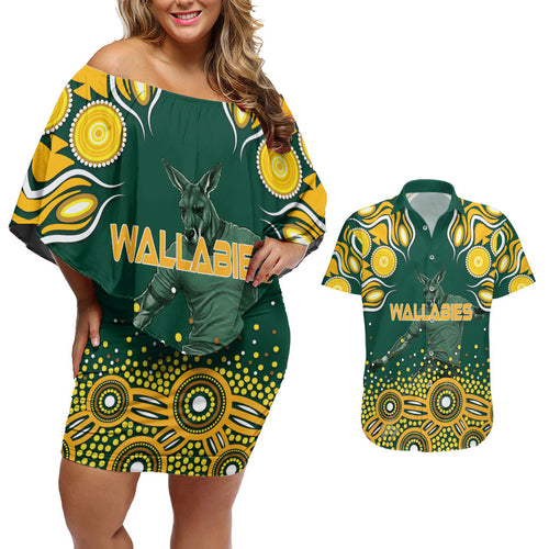 Australia Wallabies Couples Matching Off Shoulder Short Dress and Hawaiian Shirt Aboriginal Rugby Kangaroo Mascot - Gold And Green