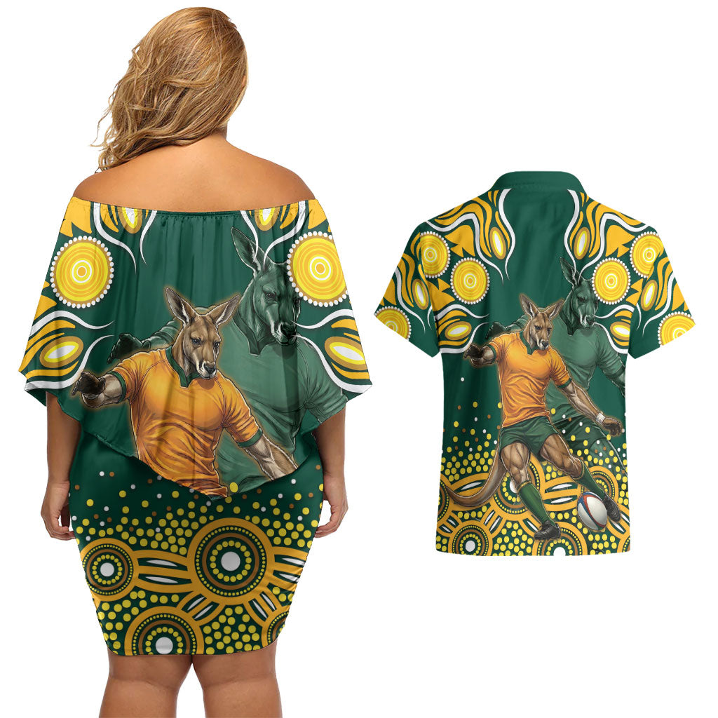 Australia Wallabies Couples Matching Off Shoulder Short Dress and Hawaiian Shirt Aboriginal Rugby Kangaroo Mascot - Gold And Green