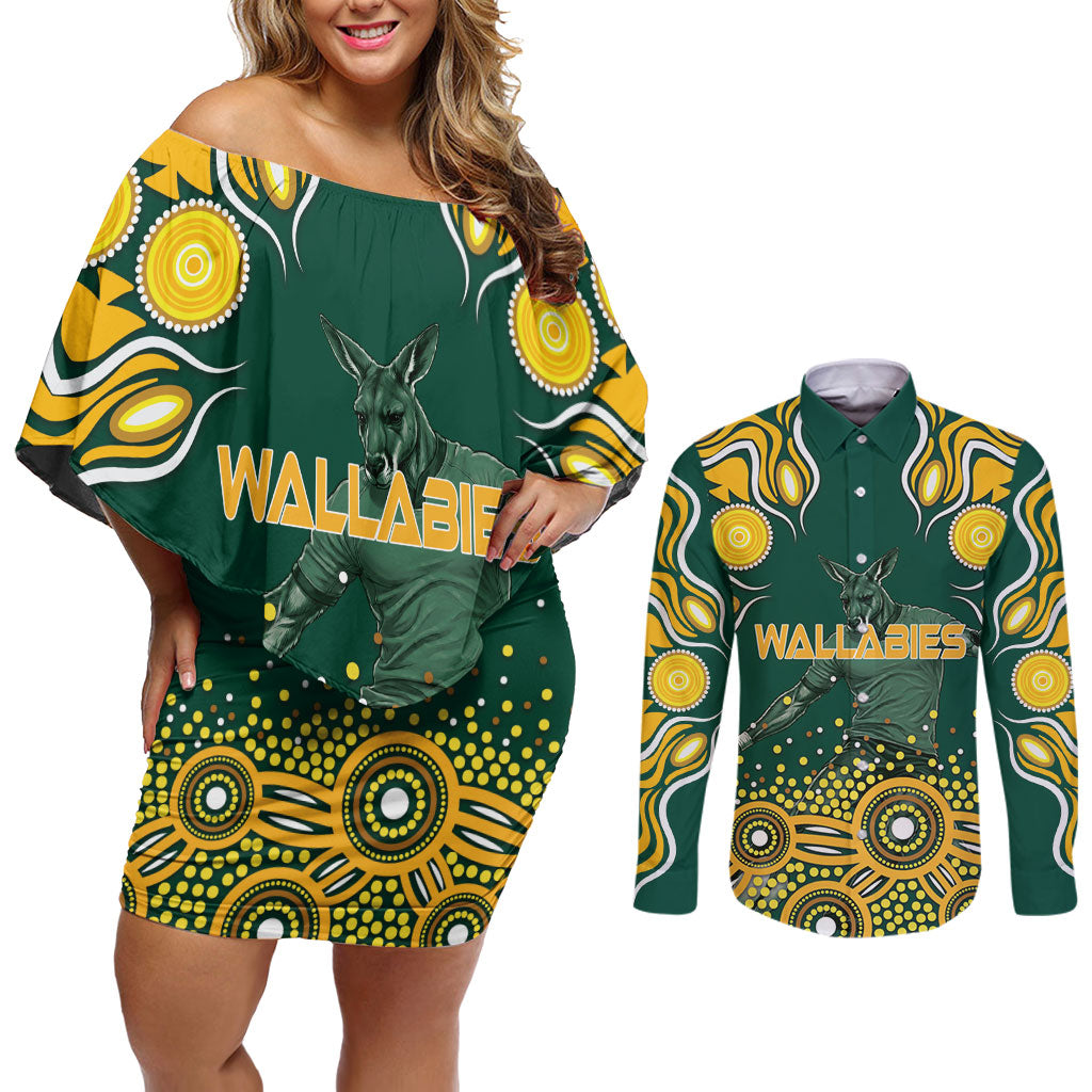Australia Wallabies Couples Matching Off Shoulder Short Dress and Long Sleeve Button Shirt Aboriginal Rugby Kangaroo Mascot - Gold And Green