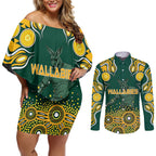 Australia Wallabies Couples Matching Off Shoulder Short Dress and Long Sleeve Button Shirt Aboriginal Rugby Kangaroo Mascot - Gold And Green