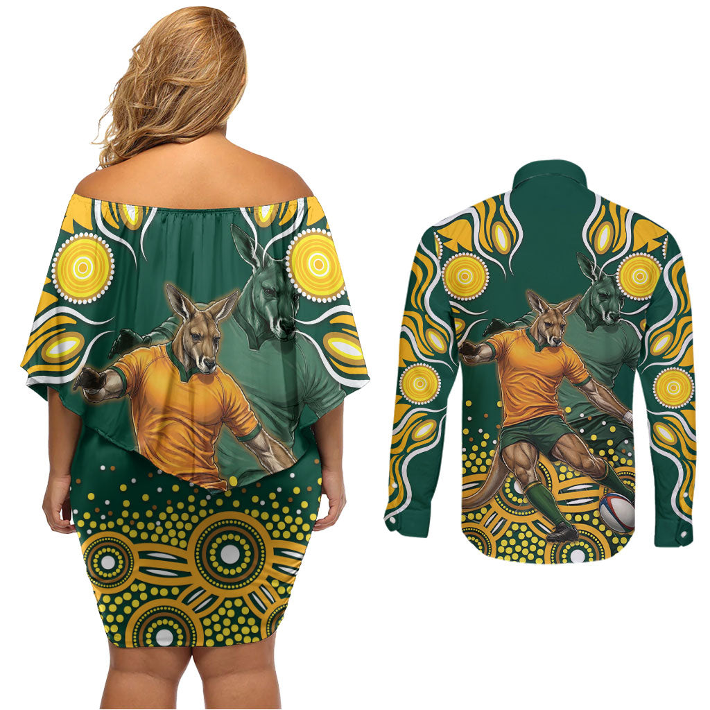 Australia Wallabies Couples Matching Off Shoulder Short Dress and Long Sleeve Button Shirt Aboriginal Rugby Kangaroo Mascot - Gold And Green
