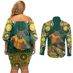 Australia Wallabies Couples Matching Off Shoulder Short Dress and Long Sleeve Button Shirt Aboriginal Rugby Kangaroo Mascot - Gold And Green