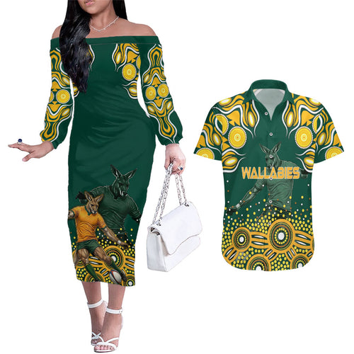Australia Wallabies Couples Matching Off The Shoulder Long Sleeve Dress and Hawaiian Shirt Aboriginal Rugby Kangaroo Mascot - Gold And Green