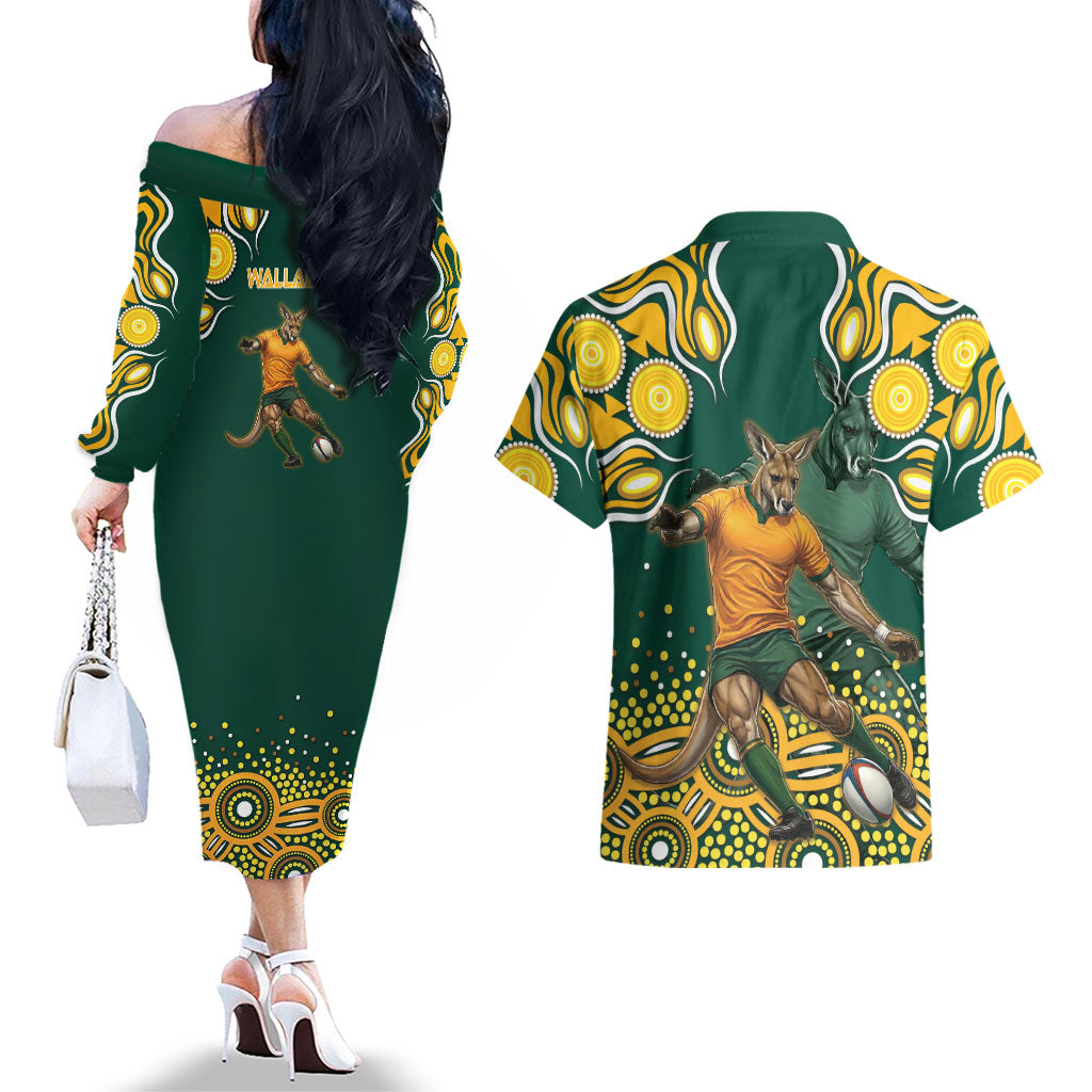 Australia Wallabies Couples Matching Off The Shoulder Long Sleeve Dress and Hawaiian Shirt Aboriginal Rugby Kangaroo Mascot - Gold And Green