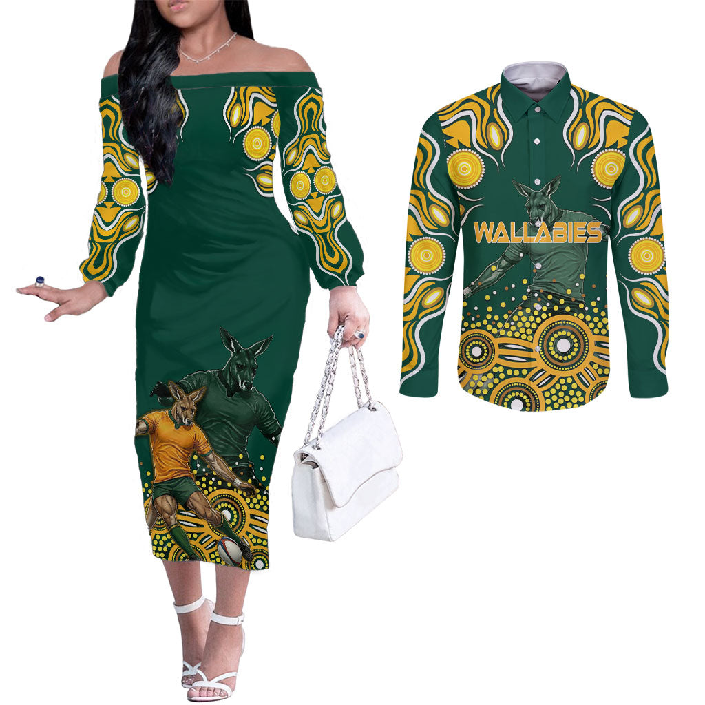 Australia Wallabies Couples Matching Off The Shoulder Long Sleeve Dress and Long Sleeve Button Shirt Aboriginal Rugby Kangaroo Mascot - Gold And Green