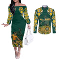 Australia Wallabies Couples Matching Off The Shoulder Long Sleeve Dress and Long Sleeve Button Shirt Aboriginal Rugby Kangaroo Mascot - Gold And Green