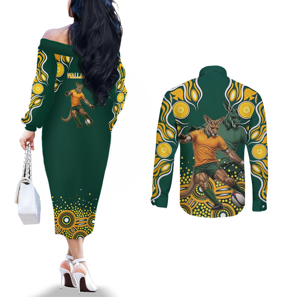 Australia Wallabies Couples Matching Off The Shoulder Long Sleeve Dress and Long Sleeve Button Shirt Aboriginal Rugby Kangaroo Mascot - Gold And Green