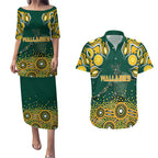 Australia Wallabies Couples Matching Puletasi and Hawaiian Shirt Aboriginal Rugby Kangaroo Mascot - Gold And Green