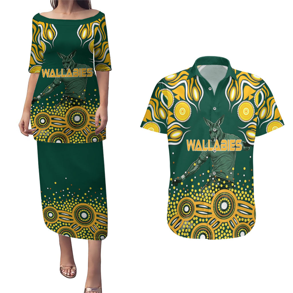 Australia Wallabies Couples Matching Puletasi and Hawaiian Shirt Aboriginal Rugby Kangaroo Mascot - Gold And Green