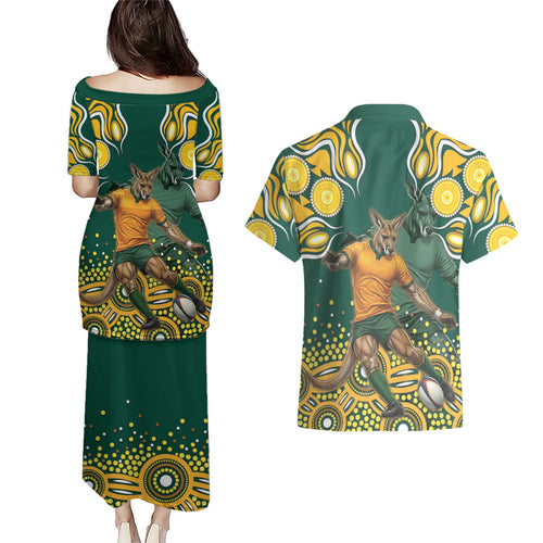 Australia Wallabies Couples Matching Puletasi and Hawaiian Shirt Aboriginal Rugby Kangaroo Mascot - Gold And Green