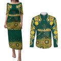 Australia Wallabies Couples Matching Puletasi and Long Sleeve Button Shirt Aboriginal Rugby Kangaroo Mascot - Gold And Green