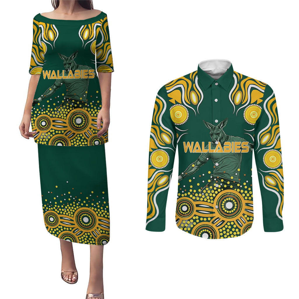 Australia Wallabies Couples Matching Puletasi and Long Sleeve Button Shirt Aboriginal Rugby Kangaroo Mascot - Gold And Green