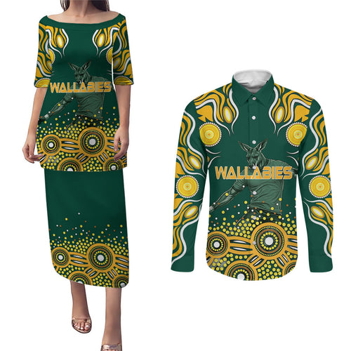 Australia Wallabies Couples Matching Puletasi and Long Sleeve Button Shirt Aboriginal Rugby Kangaroo Mascot - Gold And Green