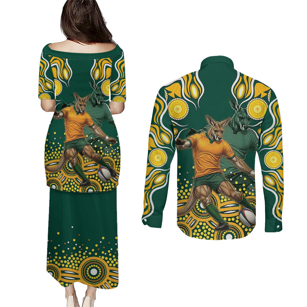 Australia Wallabies Couples Matching Puletasi and Long Sleeve Button Shirt Aboriginal Rugby Kangaroo Mascot - Gold And Green