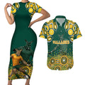 Australia Wallabies Couples Matching Short Sleeve Bodycon Dress and Hawaiian Shirt Aboriginal Rugby Kangaroo Mascot - Gold And Green