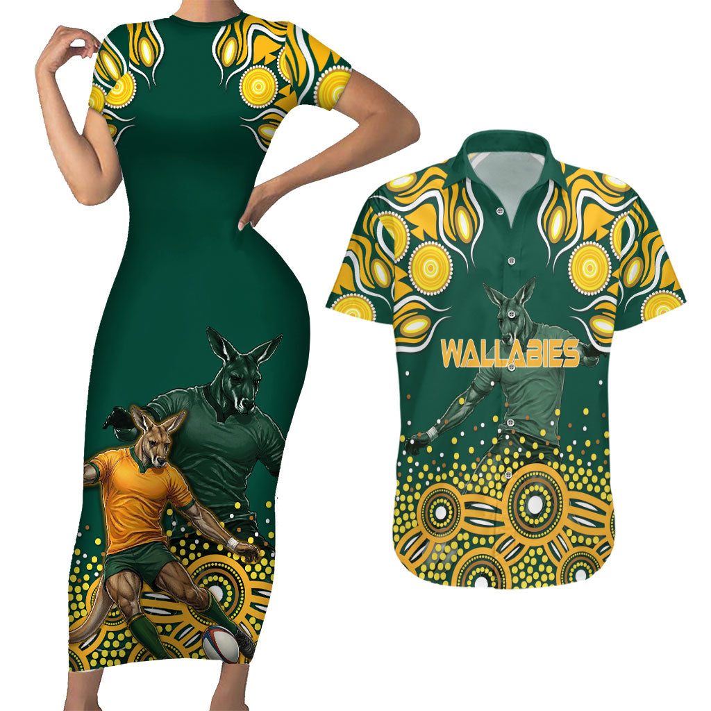 Australia Wallabies Couples Matching Short Sleeve Bodycon Dress and Hawaiian Shirt Aboriginal Rugby Kangaroo Mascot - Gold And Green