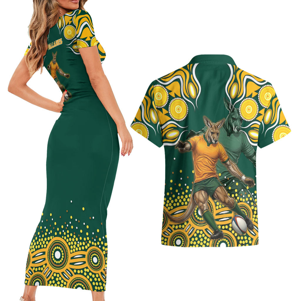 Australia Wallabies Couples Matching Short Sleeve Bodycon Dress and Hawaiian Shirt Aboriginal Rugby Kangaroo Mascot - Gold And Green