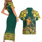 Australia Wallabies Couples Matching Short Sleeve Bodycon Dress and Hawaiian Shirt Aboriginal Rugby Kangaroo Mascot - Gold And Green