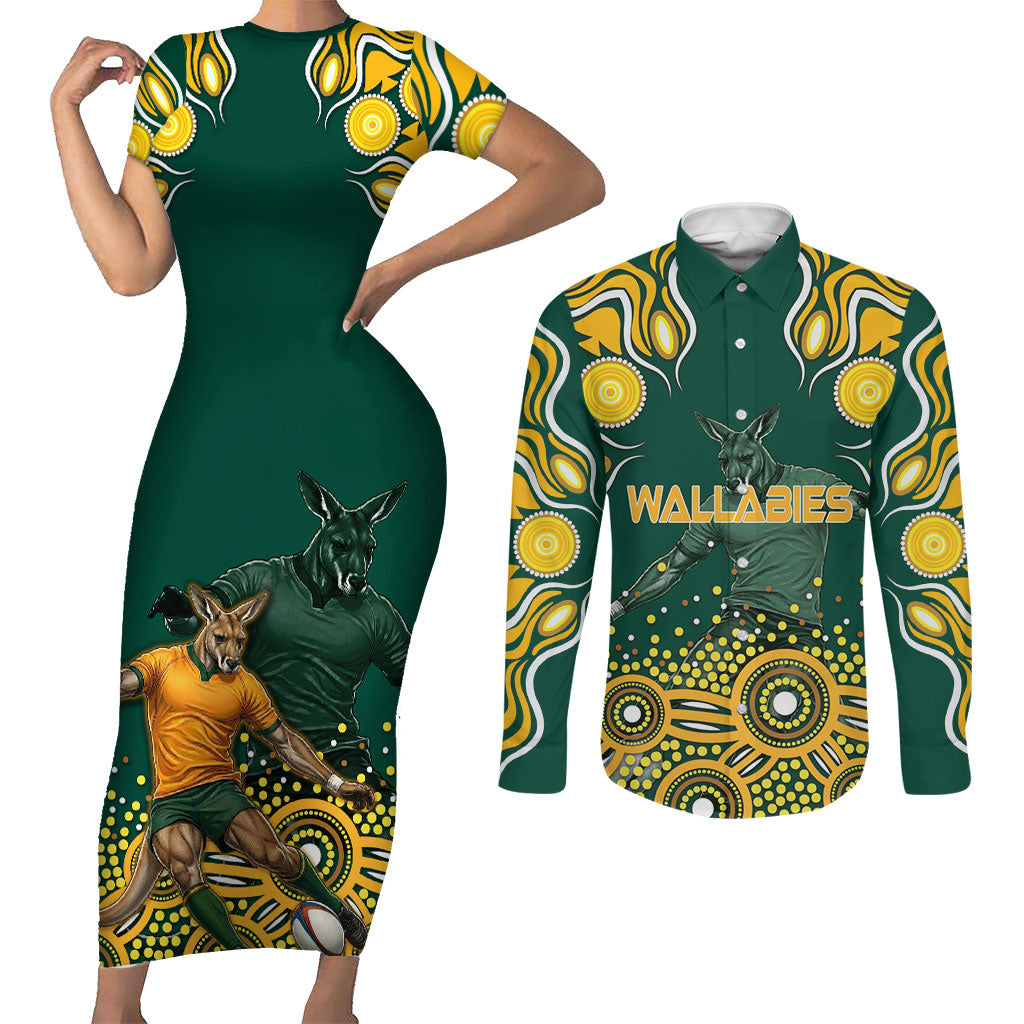 Australia Wallabies Couples Matching Short Sleeve Bodycon Dress and Long Sleeve Button Shirt Aboriginal Rugby Kangaroo Mascot - Gold And Green