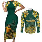 Australia Wallabies Couples Matching Short Sleeve Bodycon Dress and Long Sleeve Button Shirt Aboriginal Rugby Kangaroo Mascot - Gold And Green