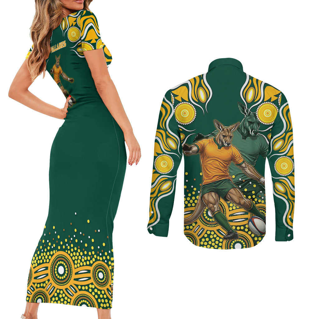 Australia Wallabies Couples Matching Short Sleeve Bodycon Dress and Long Sleeve Button Shirt Aboriginal Rugby Kangaroo Mascot - Gold And Green