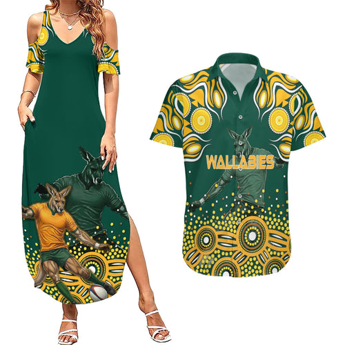 Australia Wallabies Couples Matching Summer Maxi Dress and Hawaiian Shirt Aboriginal Rugby Kangaroo Mascot - Gold And Green