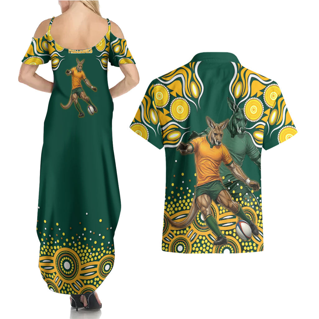 Australia Wallabies Couples Matching Summer Maxi Dress and Hawaiian Shirt Aboriginal Rugby Kangaroo Mascot - Gold And Green