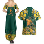 Australia Wallabies Couples Matching Summer Maxi Dress and Hawaiian Shirt Aboriginal Rugby Kangaroo Mascot - Gold And Green