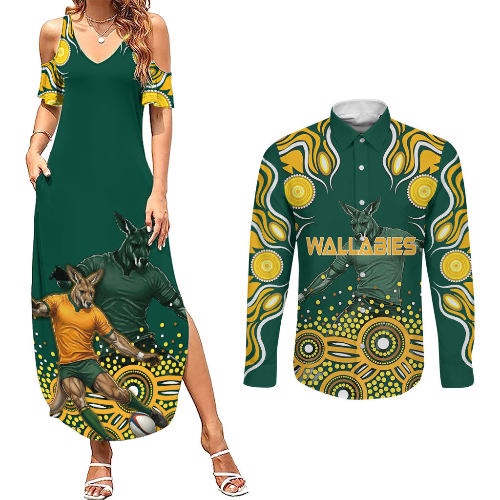Australia Wallabies Couples Matching Summer Maxi Dress and Long Sleeve Button Shirt Aboriginal Rugby Kangaroo Mascot - Gold And Green