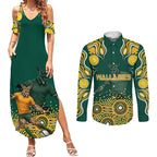 Australia Wallabies Couples Matching Summer Maxi Dress and Long Sleeve Button Shirt Aboriginal Rugby Kangaroo Mascot - Gold And Green