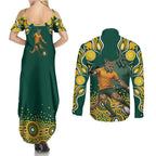 Australia Wallabies Couples Matching Summer Maxi Dress and Long Sleeve Button Shirt Aboriginal Rugby Kangaroo Mascot - Gold And Green
