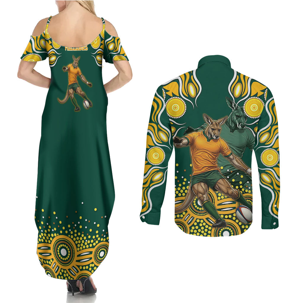 Australia Wallabies Couples Matching Summer Maxi Dress and Long Sleeve Button Shirt Aboriginal Rugby Kangaroo Mascot - Gold And Green