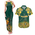 Australia Wallabies Couples Matching Tank Maxi Dress and Hawaiian Shirt Aboriginal Rugby Kangaroo Mascot - Gold And Green