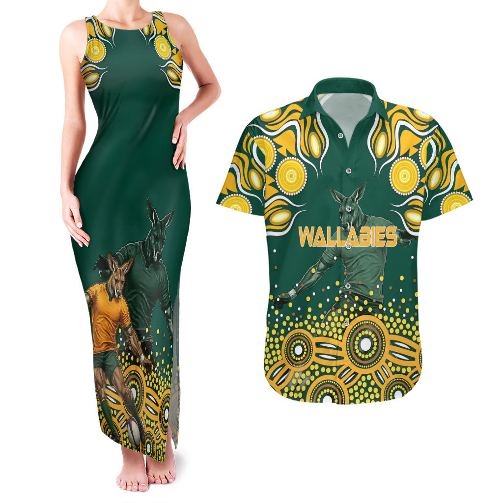 Australia Wallabies Couples Matching Tank Maxi Dress and Hawaiian Shirt Aboriginal Rugby Kangaroo Mascot - Gold And Green