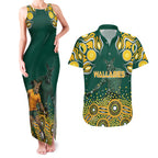 Australia Wallabies Couples Matching Tank Maxi Dress and Hawaiian Shirt Aboriginal Rugby Kangaroo Mascot - Gold And Green