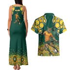 Australia Wallabies Couples Matching Tank Maxi Dress and Hawaiian Shirt Aboriginal Rugby Kangaroo Mascot - Gold And Green