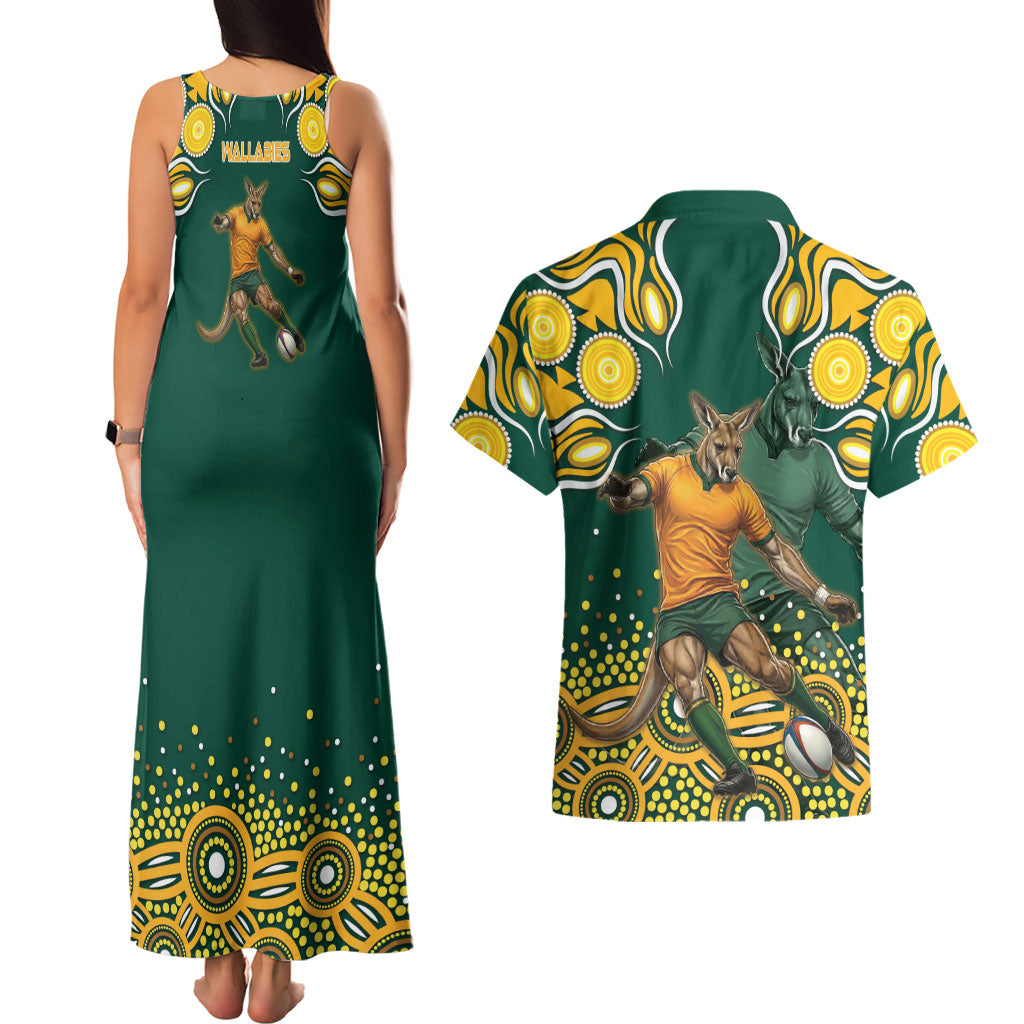Australia Wallabies Couples Matching Tank Maxi Dress and Hawaiian Shirt Aboriginal Rugby Kangaroo Mascot - Gold And Green