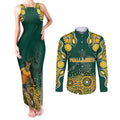 Australia Wallabies Couples Matching Tank Maxi Dress and Long Sleeve Button Shirt Aboriginal Rugby Kangaroo Mascot - Gold And Green