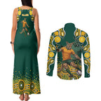 Australia Wallabies Couples Matching Tank Maxi Dress and Long Sleeve Button Shirt Aboriginal Rugby Kangaroo Mascot - Gold And Green