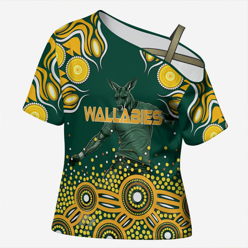 Australia Wallabies Cross Shoulder Shirt Aboriginal Rugby Kangaroo Mascot - Gold And Green