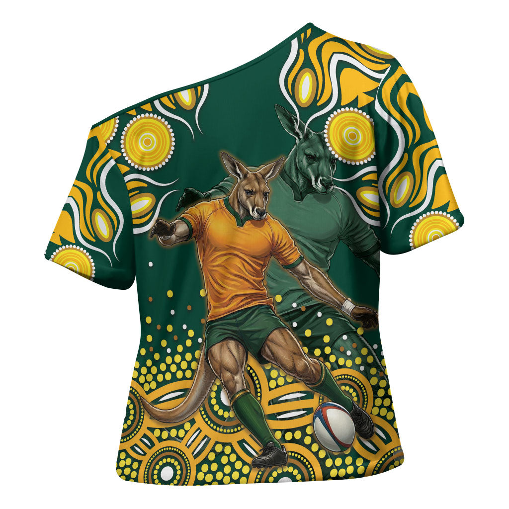 Australia Wallabies Cross Shoulder Shirt Aboriginal Rugby Kangaroo Mascot - Gold And Green