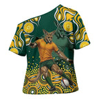Australia Wallabies Cross Shoulder Shirt Aboriginal Rugby Kangaroo Mascot - Gold And Green