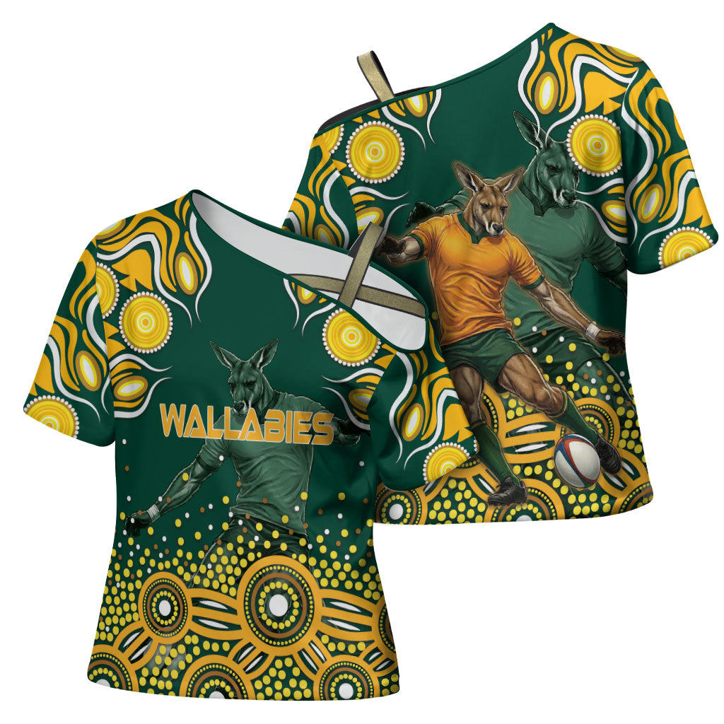 Australia Wallabies Cross Shoulder Shirt Aboriginal Rugby Kangaroo Mascot - Gold And Green